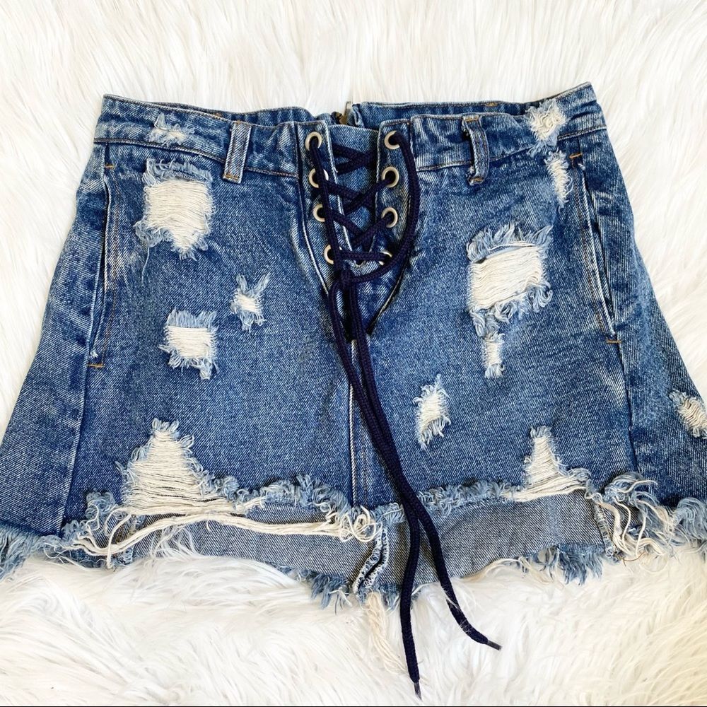 Signature Y2K distress mini lace up mi mini skirt S
